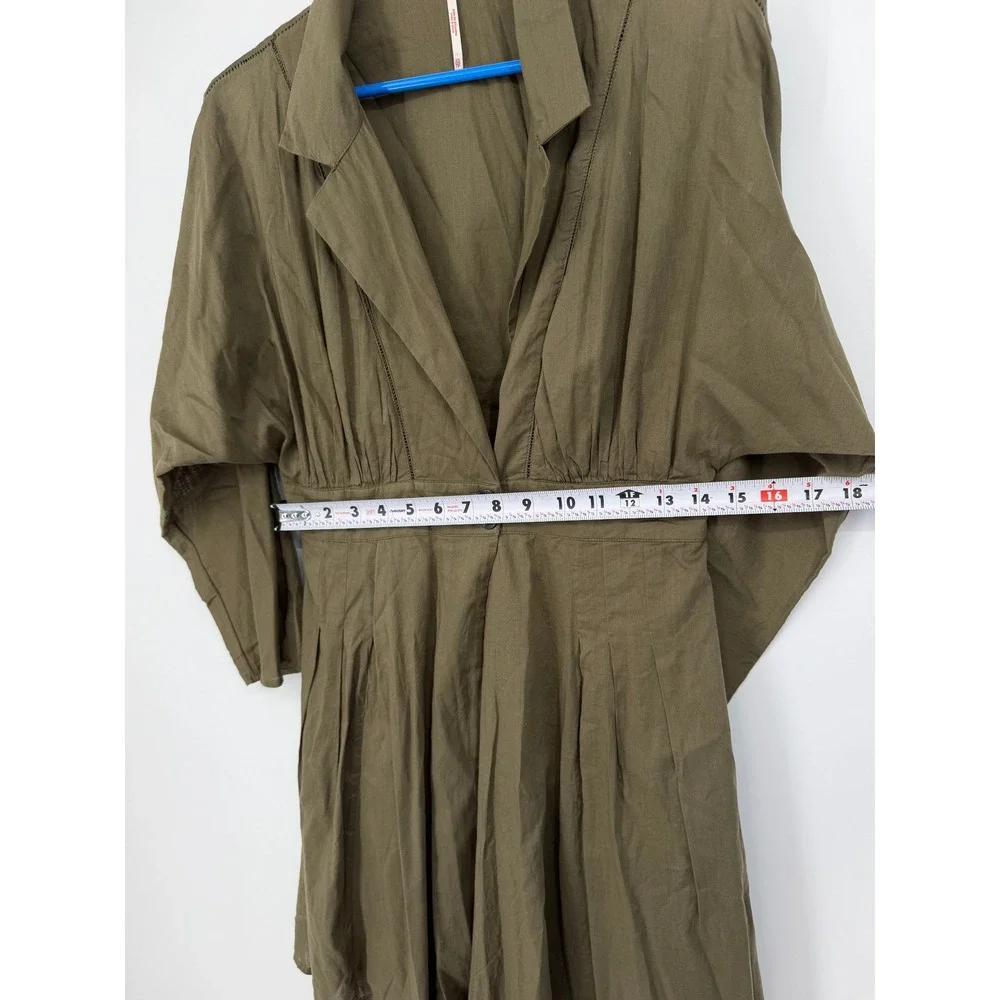Free People Olive Green Cotton Notch Lapel Dolman Pleated Mini Dress XS OB814985